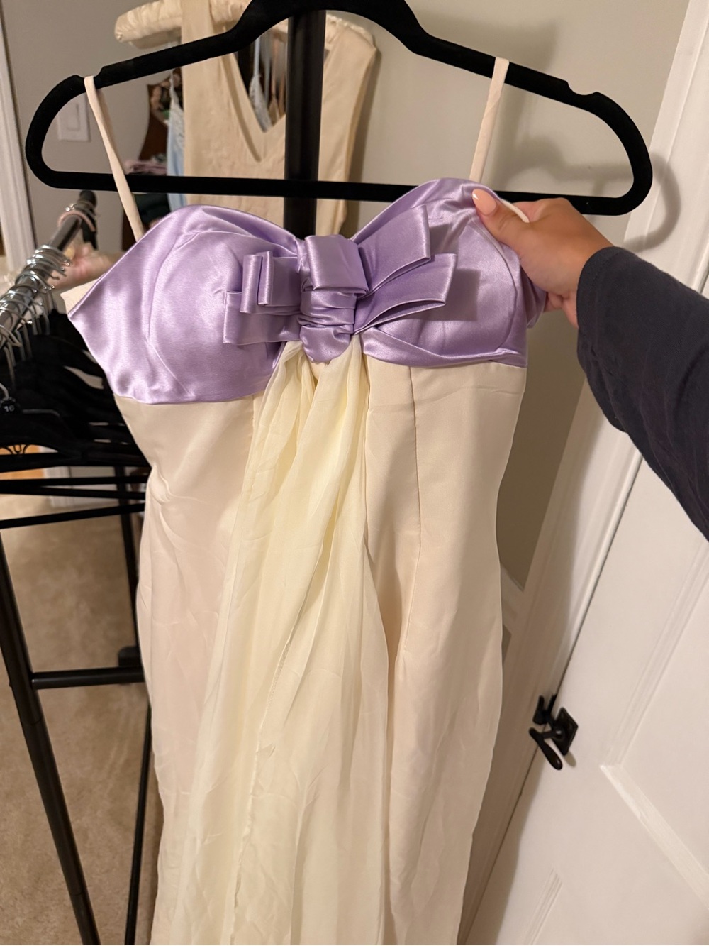 Ivory and Lavender Strapless Wedding Dress with Bow Detail